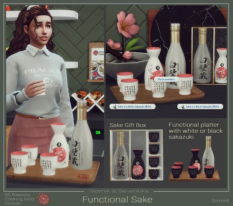 Functional SET for SAKE💚 | Somik and Severinka su Patreon Ts4 Functional, Sims 4 Custom Food, Sims 4 Functional, Sims 4 Game Packs, Mods For Sims 4, Sims 4 Restaurant, Sims Food, Mod Aesthetic, Snowy Escape