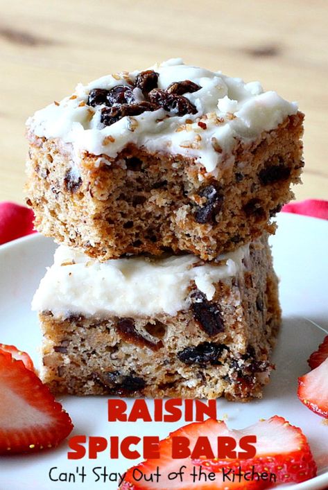 Raisin Spice Bars - Can't Stay Out of the Kitchen Recipes With Raisins Baking, Applesauce Raisin Bars, Raisin Spice Bars, Raisin Spice Cake, Spice Cake With Raisins Recipe, Raisin Recipes, Cream Cheese Bars, Square Recipes, Cookie Brownie Bars