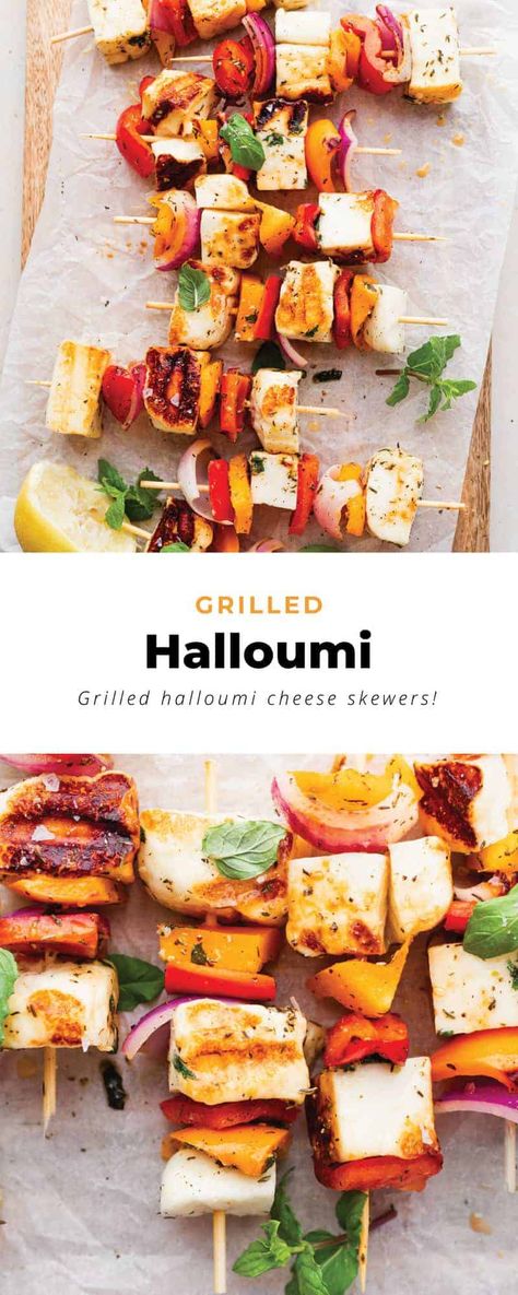 Halloumi Kebabs Skewers, Marinated Halloumi, Peaches Salad, Grilled Fruit Dessert, Grill Pineapple, Halloumi Skewers, Marinated Peppers, Grilled Potato Recipes, Grilled Fruit Recipes