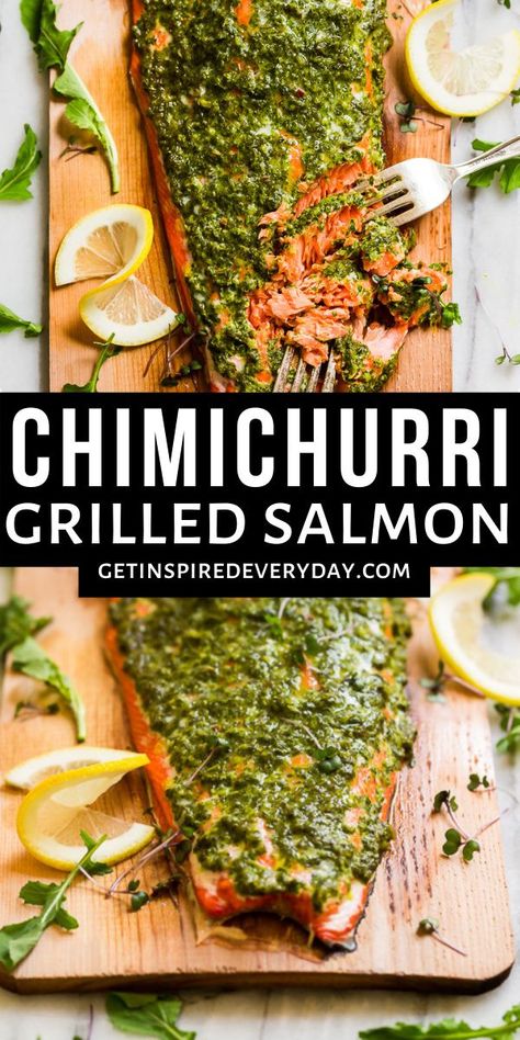 Salmon Chimichurri Recipe, Planked Salmon Recipes Grilling, Cedar Plank Recipes, Chimichurri Fish, Chimichurri Salmon, Plank Grilled Salmon, Cedar Plank Grilled Salmon, Salmon Grilled, Burrito Bar