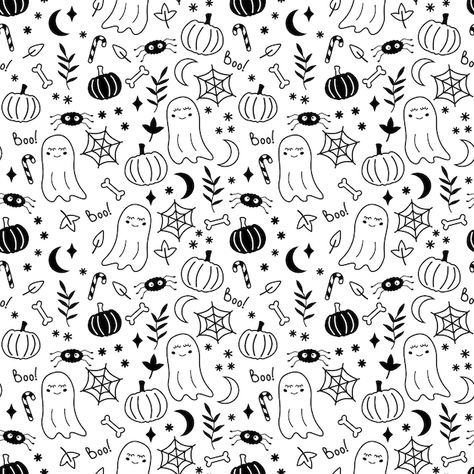 Vector black and white halloween seamles... | Premium Vector #Freepik #vector #pumpkin-pattern #seamless #monster-background #cute-pattern Black And White Doodle Pattern, Seamless Halloween Pattern, Halloween Pattern Background, Doodle Ghost, Monster Background, Spooky Pattern, Patterns Halloween, Work Calendar, Pattern Doodle