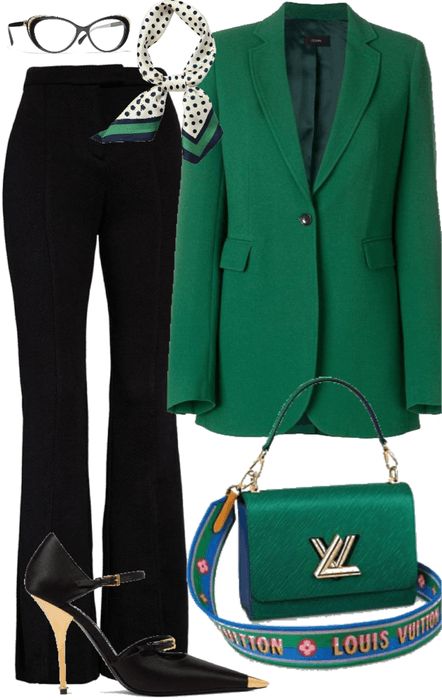 kdjdnc Outfit | ShopLook Luxury Green Business Blazer, Green Luxury Blazer For Formal Occasions, Luxury Elegant Green Blazer, Elegant Fitted Green Blazer, Green Outfit Polyvore, Outfit Tutorial, Jersey Trousers, Dress Pants Outfits, Soft Dramatic