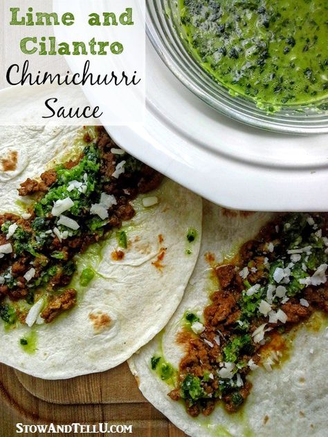 Cilantro-lime chimichurri sauce. Made without vinegar, but does include bullion, so it's has less bite and can be used as a salsa or pico de gallo and goes very well on most Mexican dishes - StowAndTellU.com Cilantro Chimichurri Sauce, Cilantro Chimichurri, Mexican Food Dishes, Chimichurri Recipe, Homemade Salsa Recipe, Chimichurri Sauce, Pickled Veggies, Homemade Salsa, Salsa Recipe