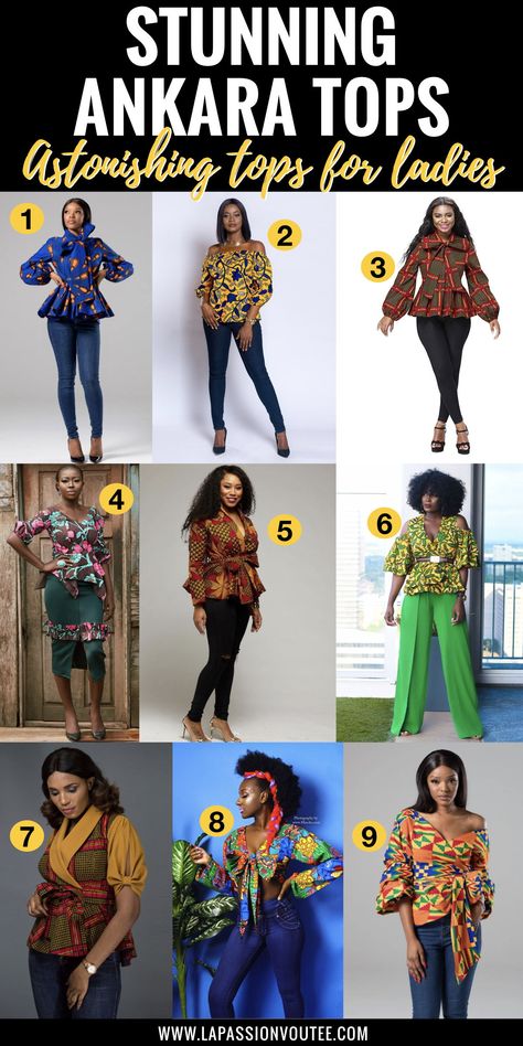 #africanprint #ankarastyles 20 best ankara tops for ladies every African print lover should have in their wardrobe. From affordable ankara peplum tops, and African print crop tops to off the shoulder tops and even more stunning ankara top styles to rock this year. And details on where to African print clothes online for less. Africa Tops For Women, African Print Tops For Plus Size Women, Ankara Peplum Tops For Jeans, Kaba Top Styles, Chitenge Outfits Tops, Chitenge Tops For Ladies, Kitenge Tops With Jeans, Traditional Tops African With Jeans, Peplon Tops Ankara