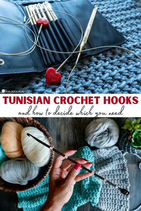 Ready to try your hand at Tunisian crochet? Learn the different types of Tunisian hooks: cabled, stick, and double ended, and how to choose. Long Crochet Needle, Tunisian Cable Crochet, Tunisian Crochet Cables, Crochet Gifts Patterns, Tunisian Knitting, Double Ended Crochet Hooks, Embroidery Types, Tunisian Stitches, Cotton Crochet Patterns