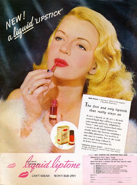 Dale Evans lipstick ad, vintage lipstick. I remember buying something similar when I was a teenager you just painted it on over your lipstick it really dried out your lips and dulled the colour of your lipstick Makeup Advertisement, Vintage Parfum, Vintage Makeup Ads, Makeup Recipes, Dale Evans, Patti Hansen, Beauty Ads, Beauty Advertising, Makeup Ads