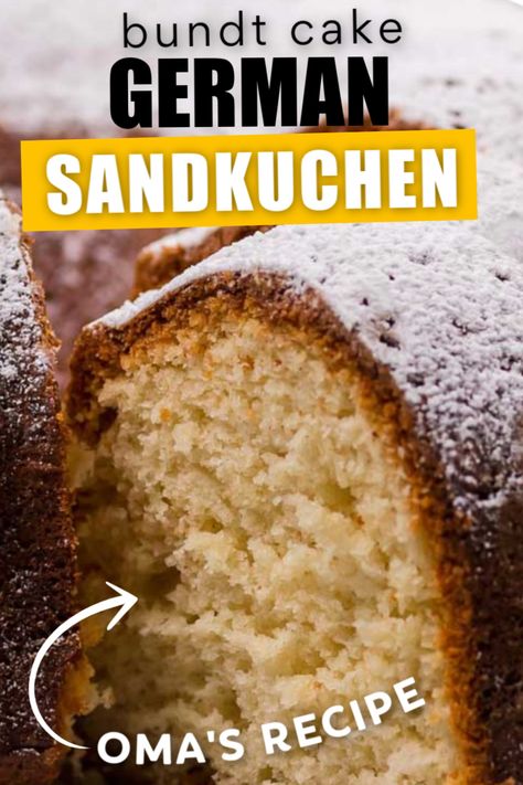 This classy German Bundt Cake ('Sandkuchen') is light and fluffy and delicious. It's an easy to make recipe with just 9 ingredients - all of which you probably already have in your pantry and fridge!  #bundtcake #sandkuchen #Germanrecipes #baking ♡ cheerfulcook.com German Pound Cake Recipe, German Sauerbraten Recipe, Easy Bundt Cake Recipes, Easy Bundt Cake, Decadent Chocolate Desserts, Bundt Cake Pan, Sweet Treats Recipes, Bundt Cakes Recipes, Simply Delicious