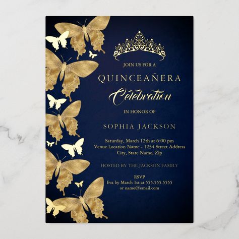 Navy Quinceanera, 15th Birthday Invitations, Jackson Family, Foil Invitations, Quinceanera Invitations, 15th Birthday, Birthday Decor, Navy Gold, Gold Butterfly