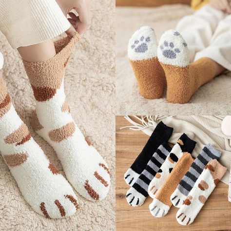 Winter Women Cat Socks, Cute Animal Cat Floor Socks, Cat Lovers, Kittens, Tabby Cat, Black Cat, Calico Cat, Thick fleece Warm Socks, Gift Paws Socks, Sky Blue Dress, Cute Sewing Projects, Cat's Paw, Socks Cute, Cat Shoes, Cat Socks, Pants Women Fashion, Sock Animals