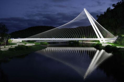 santiago calatrava rio barra bridge rio de janeiro brazil designboom. supporting the bridge’s deck, a gleaming white steel arch rises to a height of 70 meters Oscar Niemeyer Architecture, Bridges Architecture, Apartments Exterior, Steel Bridge, Bridge Art, Beautiful Arabian Horses, Olympic Park, Genius Loci, Santiago Calatrava