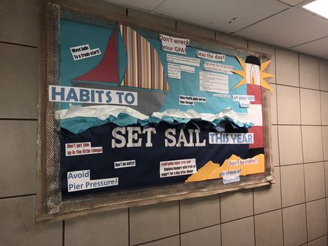 Habits to set sail this year - sailboat ca ra board ocean January new semester new year Ra Travel Theme Bulletin Boards, Residence Life Bulletin Boards, Ra College, Res Life Bulletin Boards, College Bulletin Boards, Ra Themes, Ra Bulletins, Ra Boards, New Semester