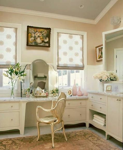 . Jeff Andrews Design, Vanity Height, Hair Station, Beautiful Vanity, Vanity Tables, White Shutters, Carved Mirror, Table Counter, Bathroom Floor Plans