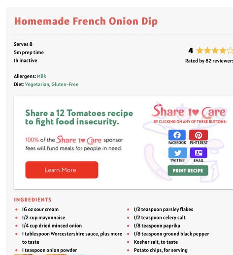 Homemade French Onion Dip 12 Tomatoes, Homemade French Onion Dip, Milk Diet, 12 Tomatoes Recipes, French Onion Dip, Party Life, Marinade Sauce, Onion Dip, 12 Tomatoes