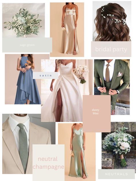 Blue Sage Cream Wedding, Dusty Blue And Emerald Wedding, Blue Green Tan Wedding, Sage Green And Tan Wedding Color Palettes, Sage Green Dusty Blue Champagne Wedding, Dusty Blue And Sage Green Bridesmaid Dresses, Ice Blue And Sage Green Wedding, Sage Green Dusty Blue Cream Wedding, Blue And Sage Wedding