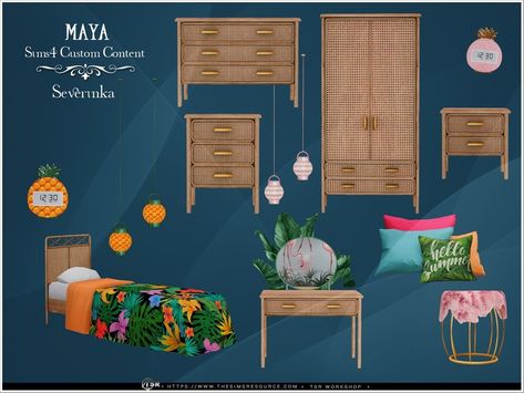 The Sims Resource - Maya bedroom Sims 4 Boho Bedroom, Sims 4 Cc Tropical Furniture, Sims 4 Cc Sulani Furniture, Sims 4 Cc Ocean Decor, Sims 4 Tropical Furniture, Small Vanity Table, Wardrobe Dresser, Furniture Cc, Nautical Bedroom