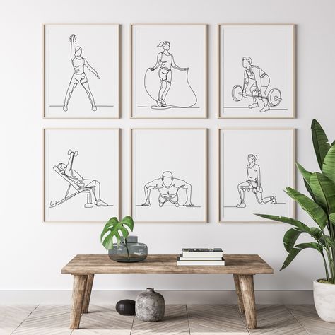 "Decorate your home with this elegant line art poster set. Featuring minimalist designs, it's a perfect addition to any room. Available for digital download after purchase. 🔔 You can print (300 DPI, pixels per inch) in the sizes listed below. ✏️File 1, File 2 and File 3 (2:3 | 3:4 | 4:5 | 5:7 | 11:14 ) for printing: INCHES - 6\"x9\" | 8\"x12\" | 10\"x15\" | 12\"x18\" CM - 16x24cm | 20x30cm | 24x36cm | 30x45cm INCHES - 6\"x8\" | 9\"x12\" | 12\"x16\" CM - 15x20cm | 24x32cm | 30x40cm INCHES - 8\"x10\" | 16\"x20\" CM - 20x25cm | 40x50cm INCHES - 11\"x14\" CM - 22x28cm 5\"x7\" | A5 | A4 | A3 🔔 How it works? ✏️ You will be able to download your wall art after you purchase this item. You will not receive a physical product. After your purchase is completed, you will be taken to the Etsy downloa Sport Wall Art, Home Gym Wall Art, Small Gym Room, Home Gym Art, Home Gym Wall Decor, Workout Room Decor, Fitness Wall Art, Gym Wall Art, Gym Wall Decor