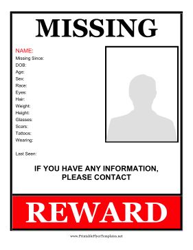 This printable missing person flyer offers a reward and has space for a picture and detailed information. Free to download and print Missing Person Poster, Movie Night Flyer, Person Template, Missing Poster, Secret Agent Party, Make A Flyer, Advertising Flyers, Teaching Plan, Missing Person