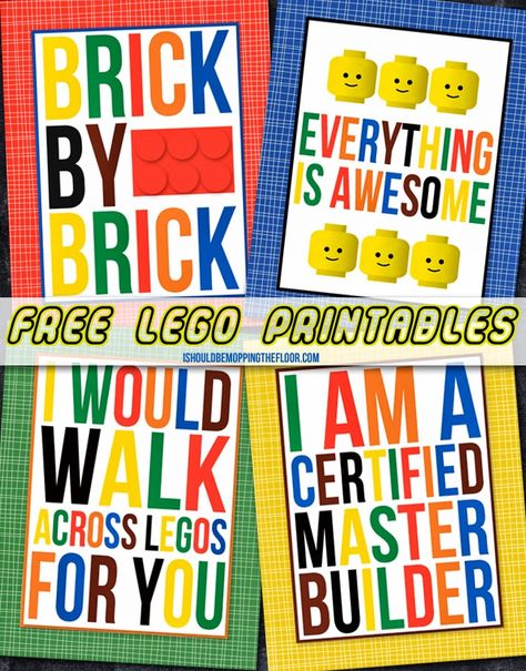 Free Lego Printables | Four Designs | Perfect for kids' rooms or parties | Instant downloads Lego Classroom Theme, Lego Printables, Lego Bedroom, Brick By Brick, Playroom Signs, Lego Club, Free Lego, Lego Activities, Lego Birthday Party