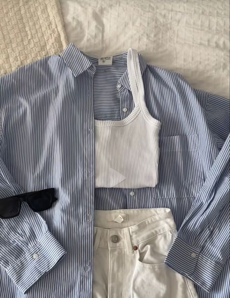 white tank, white and blue striped overshirt, cream shorts, black sunglasses Shirt Beach Outfit, Overshirt Outfit, Zara Striped Shirt, Fav Aesthetic, Coastal Summer, Cream Shorts, Stripe Shirt, Black Sunglasses, Outfit Summer