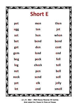 Short Vowel Sound - Word Lists 4EF E Words For Kids, Phonic Charts, Sensory Resources, Short E Sound, Vowel Chart, Kindergarten Word Families, Short E Words, Phonics Reading Passages, Digraph Words