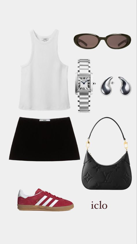 Sambas Going Out Outfit, Red Gazelle Adidas Outfit, New York Going Out Outfit, Lv Bag Outfit, Black Skirt White Shirt, Sofia Richie Fashion, Red Adidas Gazelle, Red Gazelle, Outfit Ideas Basic