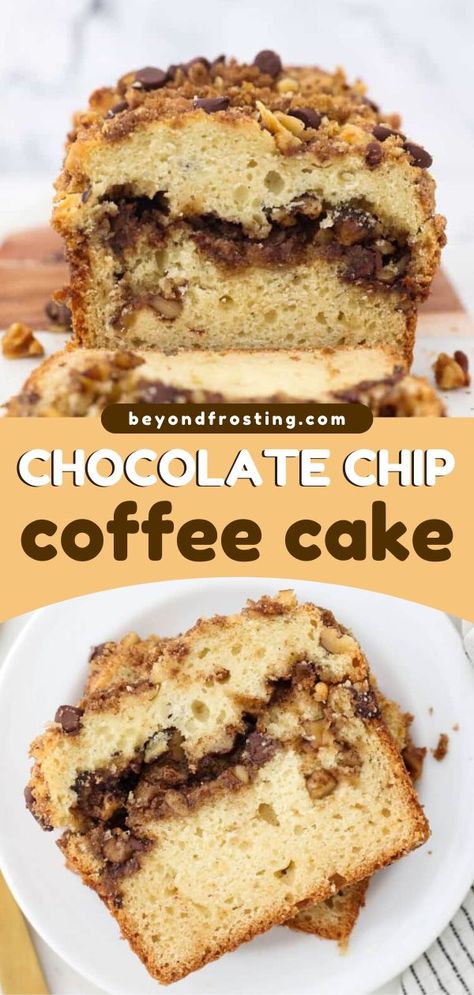 The perfect Christmas morning food! Your holiday brunch menu won't be complete without this Chocolate Chip Coffee Cake. Moist and tender with a cinnamon, sugar, and chocolate streusel topping, this sour cream coffee cake recipe is addictive! Sour Cream Coffee Cake Recipe, Chocolate Chip Coffee Cake, Cinnamon Sugar Bread, Crumb Cake Recipe, Sugar Bread, Best Chocolate Desserts, Sour Cream Coffee Cake, Coffee Cake Recipe, Cinnamon Streusel