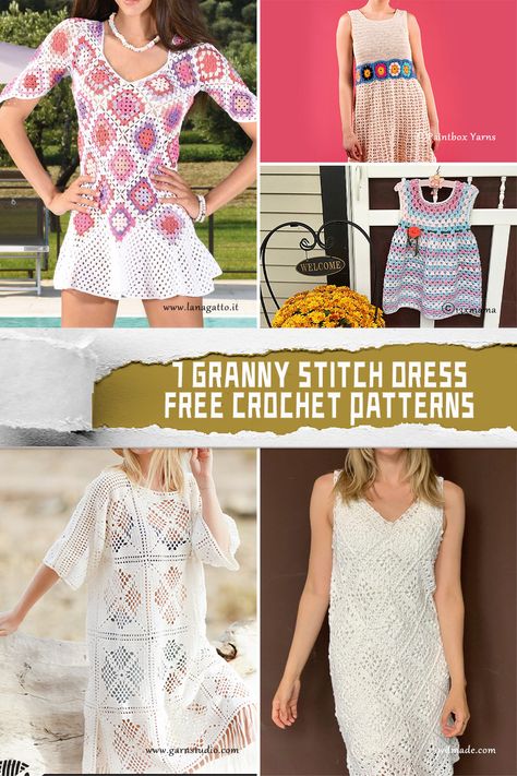 7 Granny Stitch Dress Crochet Patterns – FREE - iGOODideas.com Crochet Summer Dress Pattern Free, Summer Dress Patterns Free, Dress Pattern Free, Granny Dress, Vintage Crochet Dresses, Crocheted Clothes, Stitch Dress, Crochet Dress Pattern Free, Granny Stitch