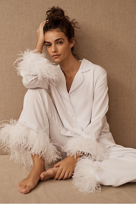 Bridal Lingerie & Wedding Night Lingerie - BHLDN Bachelorette Party Attire, Party Pajamas, Bride Pajama, White Pajamas, Bridesmaid Pyjamas, Elegant Bride, Bhldn Weddings, Party Outfits, Ostrich Feathers