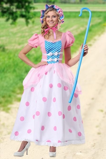 This Little Bo Peep Costume adult-size outfit comes with a lovely Bo Peep dress that features pink puffed sleeves, a sheer chiffon overlay, and a pink polka dot skirt. It also includes a pink Bo Peep bonnet. #little_bo_peep_costumes #halloween_costumes Bo Peep Dress, Little Bo Peep Costume, Fun Costumes, Blue Bonnet, Costume For Women, Little Bo Peep, Bo Peep, Chiffon Overlay, Polka Dot Skirt