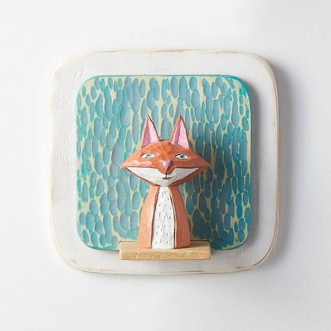 Fox on Square Mini by Amy Arnold and Kelsey Sauber Olds (Wood Wall Sculpture) Paint Animals, Shrines Art, Pottery Inspo, Wood Wall Sculpture, Rustic Texture, Cement Crafts, Clay Inspiration, Creative Arts And Crafts, Clay Wall