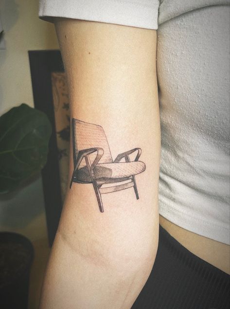 Eames Chair Tattoo, Armchair Tattoo, Mid Century Modern Tattoo, Mid Century Tattoo, Chair Tattoo, Tattoo Chair, Mcm Art, Memorial Tattoo, Modern Tattoos