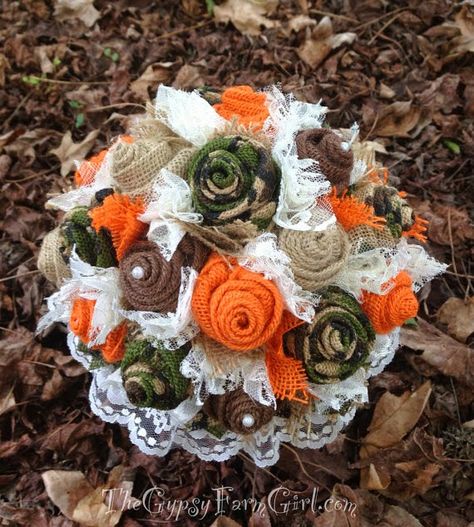 Camo Wedding Decorations, Turquoise Bouquet, Camo Wedding Dresses, Camouflage Wedding, Hunting Wedding, Fabric Bouquet, Church Wedding Flowers, Burlap Roses, Burlap And Lace