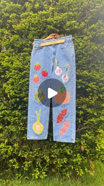 Gina 🌼 | Sustainable Textile Artist on Instagram: "upcycle these secondhand jeans with me  ♻️🍅🍠🧄 • ‘The Harvest Jeans’ are here! ✨ they’re secondhand denim upcycled with handmade, vegetable patches - that were made using vintage + reclaimed textiles. Everything was lovingly hand sewn on and I even added special hand embroidered veggie names next to each patch 🪡 • • #sustainablefashion #slowfashion #textileart #textileartist #recycledfashion #upcycled #upcycledclothing #handmade #handsewn #veggies #kitsch #upcycleddenim" Jeans Patches, Kitchen Embroidery, Knit Scarfs, Clothing Upcycle, Strawberry Patch, Sustainable Textiles, Textile Artist, Recycled Fashion, Denim Patches