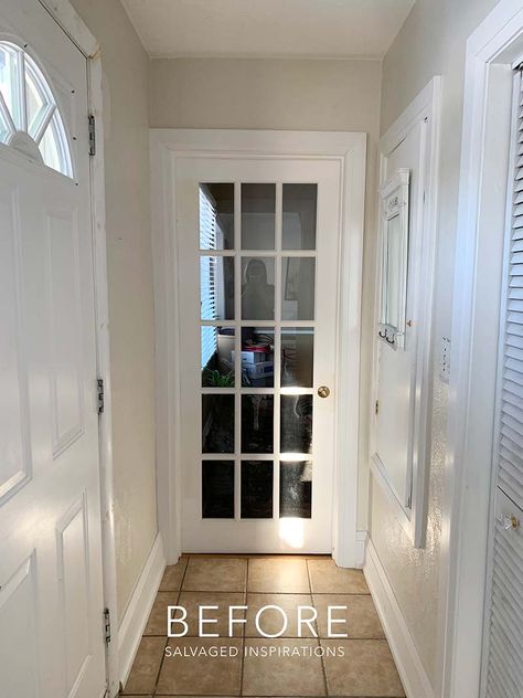 Paint White Doors Black, Replacing Interior French Doors, Single Interior French Door, Interior French Door Ideas Paint, French Door Hallway, Single French Door Curtains, Paint Office Doors Black, Glass Door Makeover Ideas, French Doors Makeover