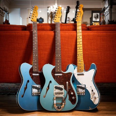 When Fender's supply of light ash appeared to be drying up, it devised a clever solution: a fully hollow Telecaster, which for unknown reasons never got past the prototype stage. Then, in 1968, Roger Rossmeisl—known for his bold designs for Rickenbacker in the Fifties—developed the semi-acoustic Telecaster Thinline, whose chambered body significantly reduced the weight of the instrument while providing the woody tones characteristic of a hollow-bodied instrument. Fender Telecaster Deluxe, Telecaster Bass, Telecaster Deluxe, Guitar Fender, Telecaster Thinline, Telecaster Custom, Fender Electric Guitar, Telecaster Guitar, Guitar Photography