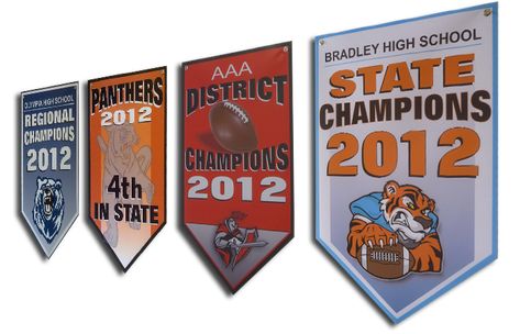 Our banners are the perfect way to show your schools spirit and recognize your achievements. We can create your Championship Banners in school colors along with your school logo or mascot. All of our banners are made to order for each schools specific needs. All of our banners have finished edges, grommets and are ready to hang. School Logo, School Colors, School Spirit, Banners, Create Yourself, High School, Create Your, Novelty Sign, ? Logo