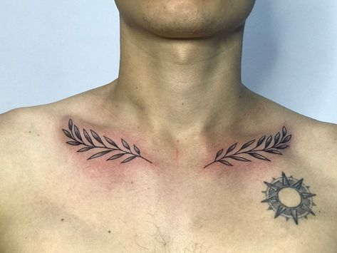 Laurel Tattoo, Clavicle Tattoo, Chest Tattoo Ideas, Small Chest Tattoos, Brush Tattoo, Leaf Tattoo, Chest Hair, Small Tattoos For Guys, Think About It