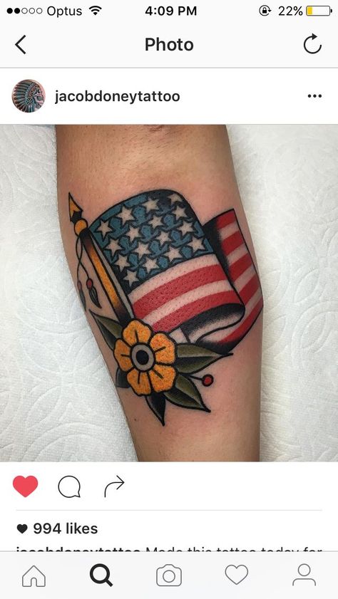 American flag tattoo Army American Traditional Tattoo, American Traditional American Flag, American Traditional Flag Tattoo, Patriotic Traditional Tattoo, Traditional Flag Tattoo, Traditional Army Tattoos, American Tattoo Patriotic Women, America Tattoo For Women, American Flag Tattoos For Women