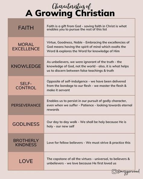 Janell | Christian Infographics on Instagram: "I shared a graphic last week about how faith grows from my study in 2 Thessalonians. So it was a wonderful connection to this graphic from studying 2 Peter. There is always growth in a Christian because we are constantly being sanctified 🙌🏻 Here are characteristics that we can look for when we self-examine ourselves to see if we are growing ❤️" Bible Templates, Provoking Quotes, Learn The Bible, Fast And Pray, Motivational Bible Verses, 2 Thessalonians, Bible Study Plans, Biblical Womanhood, Womens Bible Study