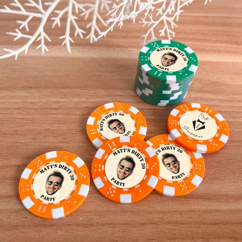 "💌design a unique  gift as your wish! Personalized poker chip as a unique keepsake and ornament at your party. 💌Experience a wonderful day through use our poker chip to enrich gaming experience with your friend. All poker chip is printed on both sides and available 6 different colors - black, orange, purple, white, red, and green. Our personalized poker chips are a great way to send a wonderful gift to poker lovers. [Details] * Size: Diameter is about 1.6\" * Printed with a UV print with both sides  * Ships next day If you may have any questions or have any problems with your order, just contact us and we will answer as quickly as we can!" Poker Chip Crafts Diy, Casino Gift Ideas, Diy Poker Chips, Diy Casino Games, Poker Party Ideas, Casino Royale Theme Party, Poker Theme Party, Custom Poker Chips, Casino Birthday Party