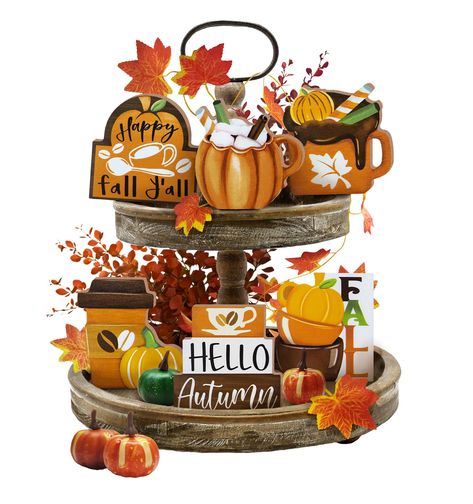 PRICES MAY VARY. 【Fall Tiered Tray Decor】12 Pcs fall tiered tray decorations set is a perfect addition to your home decoration. You will get 1 × pumpkin latte mug sign, 1 × "FALL" coffee cup sign, 1 × coffee pumpkin sign, 1 × pumpkin spice cup sign, 1 × "Happy fall y'all" sign, 1 × "HELLO Autumn" book stack sign, 5 × colorful pumpkins decor and 1 x maple strip decoration. With these fall tray decors, you can have a warm fall with your family. Please note that tiered tray is not included 【Premium Fall Tray Decor, Decor For Table, Fall Tray, Thanksgiving Home Decor, Fall Party Decorations, Rustic Thanksgiving, Fall Tiered Tray Decor, Fall Table Centerpieces, Rustic Wooden Sign