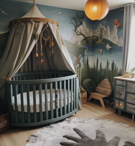 Outer Space Nursery Decor, Nursery Fantasy Theme, Cryptid Themed Nursery, Fantasy Forest Nursery, Forest Themed Baby Room, Forest Baby Boy Nursery, Baby Nursery Forest Theme, D&d Nursery, Dark Forest Nursery