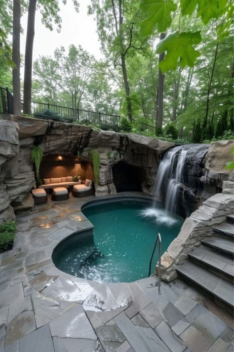 Waterfall Hot Tub, Lazy River Pool Backyard, Hidden Water Pool, Swimming Pool With Waterfall, Natural Pools Backyard Swimming Ponds, Rustic Backyard Ideas, Natural Looking Pools, Natural Pool Ideas, Unique Pools