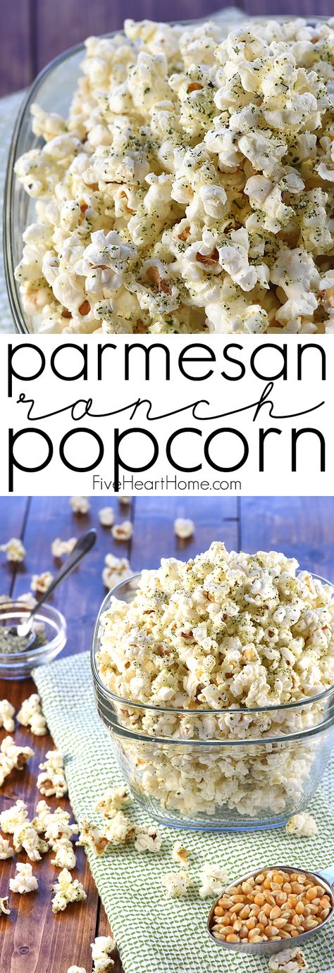 Parmesan Ranch Popcorn ~ freshly popped popcorn is drizzled in real butter and sprinkled with a savory mixture of Parmesan, dried herbs, and spices for a perfect movie night treat! | FiveHeartHome.com Movies Snacks, Ranch Popcorn, Cheese Quotes, Parmesan Ranch, Perfect Movie Night, Popcorn Treats, Homemade Popcorn, Popcorn Snacks, Popcorn Seasoning