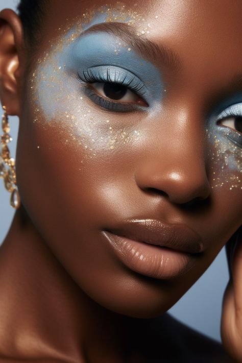 Blue And Gold Eyeshadow, Light Blue Makeup, Makeup Masterclass, Tanned Makeup, Warm Skin Tone, Blue Beauty, Blue Makeup, Blue Eye Makeup, Brown Skin