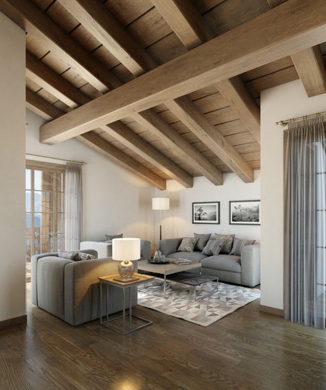 chalet roof interior Scandi Interiors, Wood Roof, Wood Beam Ceiling, Exposed Beams, Wood Ceilings, Roof Design, A Living Room, Log Homes, Ceiling Design