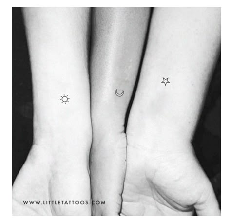 Tiny Trio Tattoos, Three Person Tattoo Ideas, Mini Best Friend Tattoos Simple, Matching Tattoos For Three People, 3 Friends Tattoo Friendship, Small Tattoos Sisters, Sun Star Moon Tattoo, 3 Person Tattoo Friends, 3 Generation Tattoo Ideas