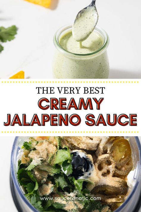 This Creamy Jalapeno Sauce is zesty with a bold kick of jalapenos. It's made with a sour cream and mayo base and loaded with pickled jalapenos for a spicy, tangy flavor. The creamy sauce comes together in just 5 minutes and it's perfect for your tacos, burritos, salads, and more. Sour Cream Based Sauce, Jalapeno Sour Cream Sauce, Jalapeno Sauce Recipe, Jalapeño Cream Sauce, Jalapeno Cream Sauce, Homemade Spreads, Spicy Sauces, Burrito Sauce, Creamy Jalapeno Sauce