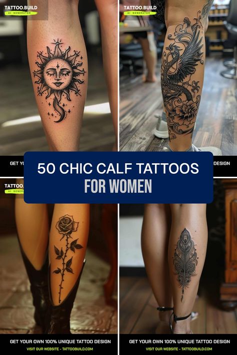 Looking to spice up your style? Check out these 50 stunning calf tattoo ideas for women! From elegant black rose designs to mystical sun and moon motifs, these tattoos will definitely make your legs a showstopper. Whether you prefer a playful feather tattoo or something more sophisticated, get inspired by unique calf tattoos that accentuate your individuality. Perfect for anyone seeking fresh ink styles that'll turn heads and bring life to your legs Tattoo Ideas For Calf Women, Tattoo On Back Of Calf For Women, Rose Tattoo On Calf For Women, Women Back Of Calf Tattoo, Tattoo Ideas Calf Female, Front Of Calf Tattoos For Women, Calf Tats For Women, Calf Sleeve Tattoo Women, Back Of Calves Tattoo