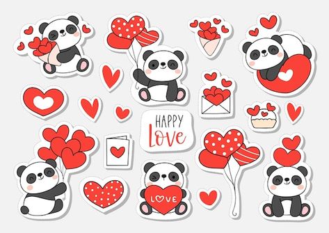 Vector draw sticker printable baby panda... | Premium Vector #Freepik #vector #valentine #wedding-heart #cute-love #baby-bear Cute Panda Stickers Printable, Cute Love Stickers Printable, Love Stickers Printables Scrapbooking, Love Stickers Aesthetic, Love Stickers Printable, Cute Heart Stickers, Cute Stickers Printable, Valentines Stickers, Happy Teachers Day Card